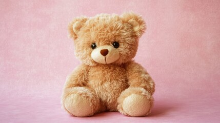 Obraz premium A soft, brown teddy bear sits on a pink background, ready for a hug.