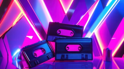 Three black cassette tapes illuminated by vibrant pink and blue neon lights, creating a retro-futuristic atmosphere.