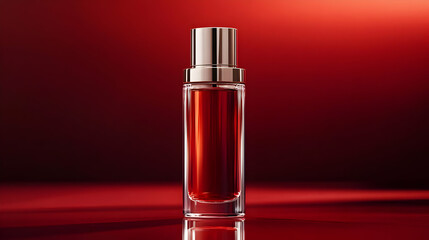 Glass Bottle with Red Liquid on Red Background 3d Illustration