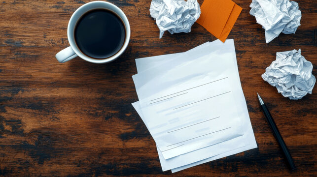 A top-down view of a coffee cup, crumpled papers, sticky notes, and a pen on a wooden desk creates a cozy, creative workspace atmosphere. - Powered by Adobe
