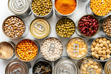 top view of cans with canned food on white background, food donation concept