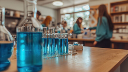 Scientists conducting experiments with beakers and test tubes in a lab, blurred figures in the background engaged in research.