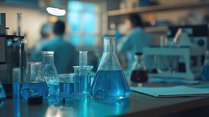 Scientists conducting experiments with beakers and test tubes in a lab, blurred figures in the background engaged in research.