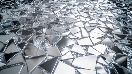 Abstract close-up of shattered mirrored surface creating a reflective, artistic pattern.