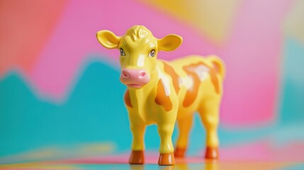 A yellow plastic toy cow with brown spots stands on a colorful background.