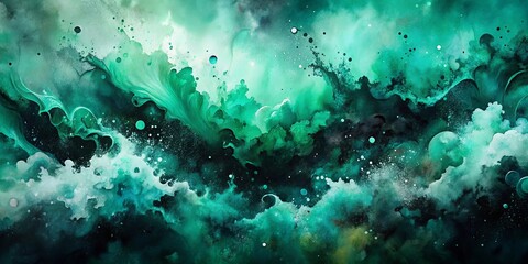 Abstract Watercolor Painting of Emerald Green and White Swirling Clouds in a Dark Sky