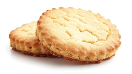 Two round cookies, one slightly stacked on top of the other, both with a golden-brown color and a crispy texture.