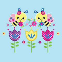 Cute vector illustration of a bee flying near a colorful flower in a vibrant garden setting.
