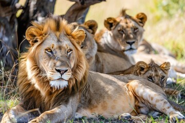 Male Lion Gazing Forward with Two Lionesses Resting Behind Him