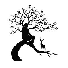 Vector silhouette of a man sitting on a tree branch, looking peaceful, with a cute deer standing gracefully under the tree