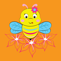 Cute vector illustration of a bee flying near a colorful flower in a vibrant garden setting.
