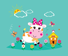 Adorable cow vector illustration standing in a vibrant flower garden with a cheerful, nature-inspired design.
