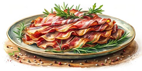 Aromatic and savory bacon slices artfully arranged on a rustic plate, adorned with fresh rosemary sprigs and scattered peppercorns, all rendered in a vibrant watercolor style.