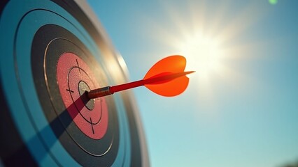 Dart in target against clear blue sky scene, target-dramatic and dart-embedded