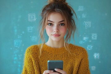 A young woman holds a smartphone, surrounded by digital icons on a blue background.