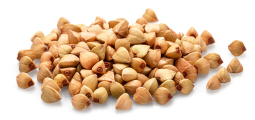 Hulled kernels of buckwheat cereal isolated on white background.