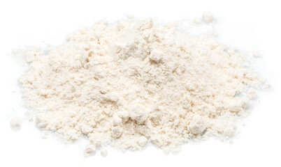 Heap of refined wheat or rye flour isolated on white background.