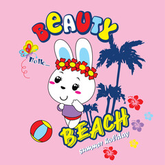 Playful vector illustration of a cute rabbit enjoying the beach with palm trees and blue sky.
