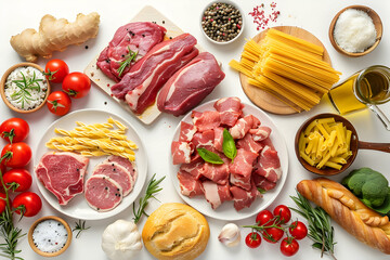 Top view of meat platter, breadsticks, pasta and ingredients on white background