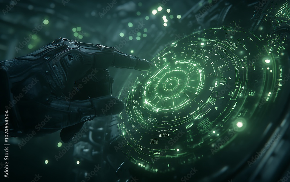Poster A futuristic hand interacts with a luminous green holographic interface, showcasing advanced technology and digital connectivity.