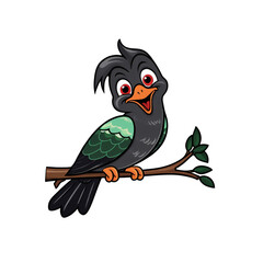 Cartoon koel with expressive eyes and playful expression perched on branch, white background, generative ai
