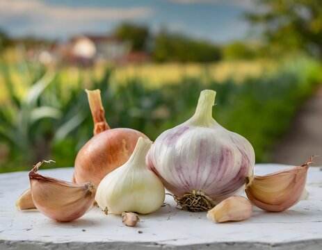 Close-up of onions and garlic on an outdoor table.