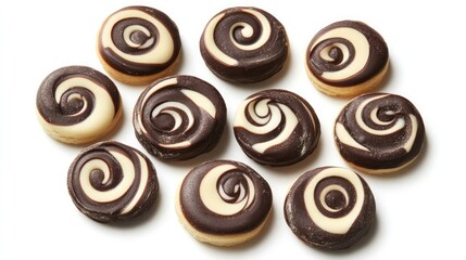 A close-up shot of delicious swirl cookies, each with a distinctive chocolate and white design. The cookies are arranged on a white background, ready to satisfy your sweet tooth.