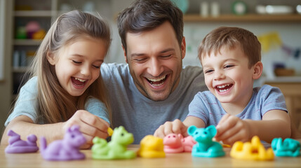 Fototapeta premium A father with his two children plays with their toys.