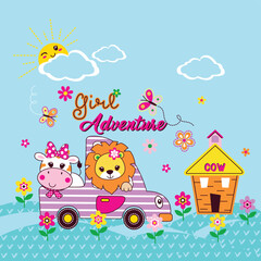 Adorable lion illustration surrounded by colorful flowers and charming insects in a whimsical style  
