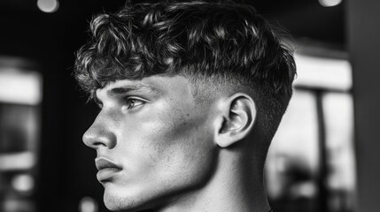 Young man with a modern hairstyle, featuring a fade and textured top.