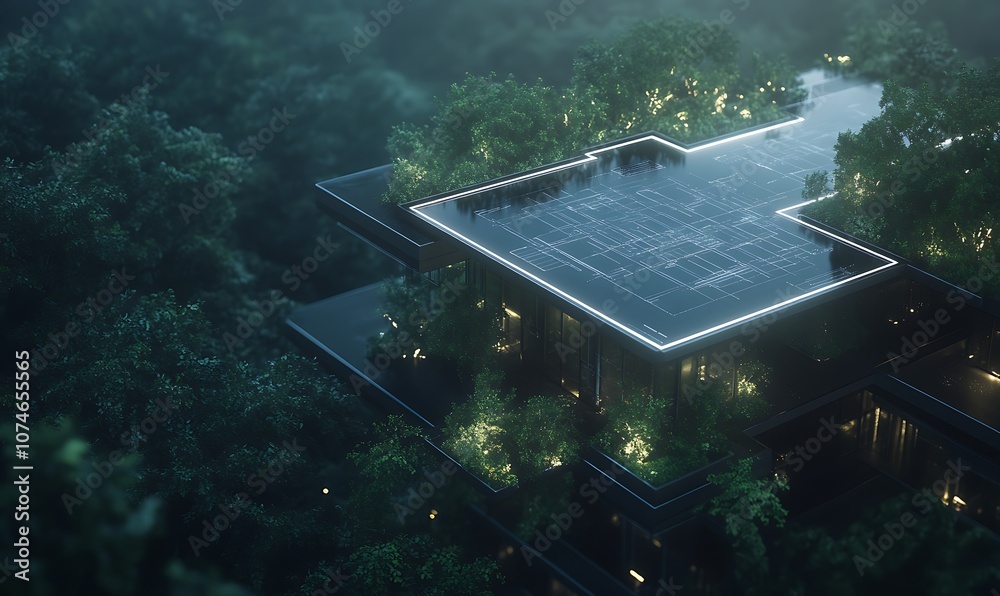 Poster A modern architectural structure surrounded by lush greenery, illuminated by soft lights, creating a serene atmosphere in a foggy setting.