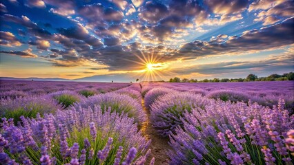 Naklejka premium A picturesque lavender field bathed in the golden light of a breathtaking sunset, with fluffy clouds painting the sky in vibrant hues.