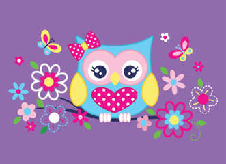 Charming owl vector illustration with colorful flowers and tiny insects in a whimsical, nature-themed design.
