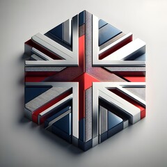 A modern, abstract take on the Union Jack, with a clean and bold design. Geometric shapes and gradients form the flag, with metallic finishes.