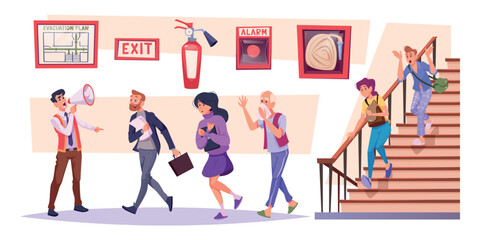 Evacuation. People escape from fire buildings emergency evacuation exact vector cartoon illustration set