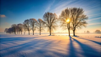 Silhouettes of bare trees stand tall in a wintery landscape, casting long shadows across a field of pristine snow as the sun sets behind them, creating a breathtaking panorama of nature's beauty.
