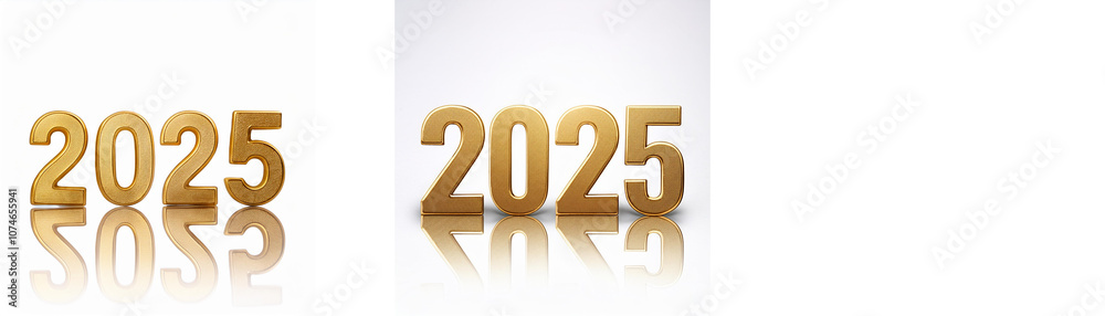 Poster The year 2025 is represented by gold digits with a reflection on a white background.