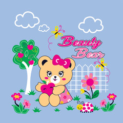 Vector illustration of cute bear with beautiful flowers
