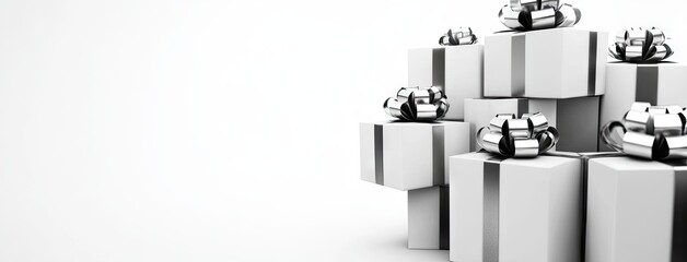 A stunning arrangement of elegant silver gift boxes with intricate ribbons on a modern, minimalist background perfect for celebrations