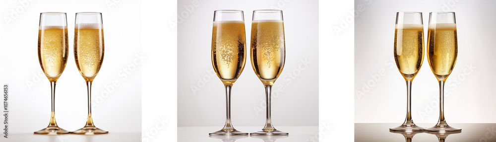 Poster three sets of champagne flutes, each with two glasses, are arranged side by side.