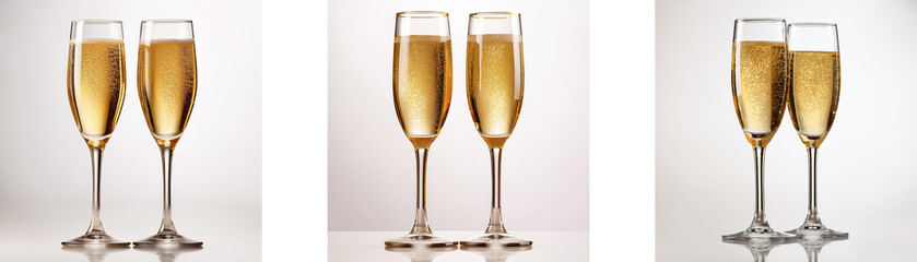 Three pairs of champagne flutes filled with bubbly.