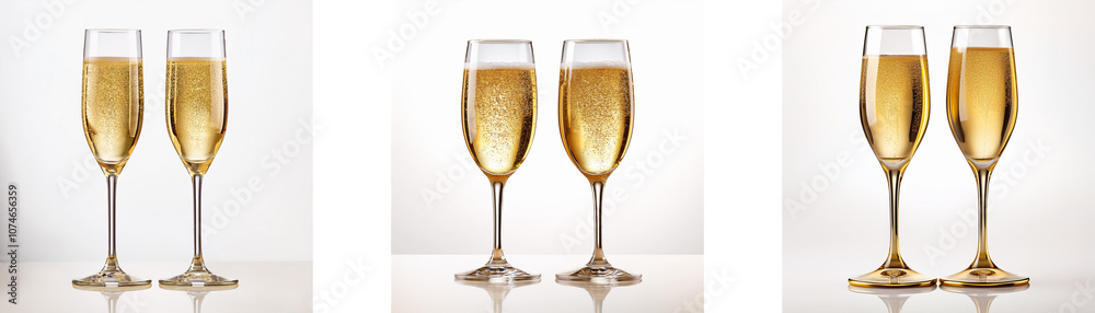 Poster Three sets of two champagne flutes, each with a different amount of bubbly.