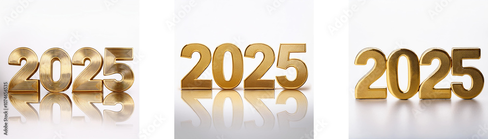 Poster Three gold numbers, 2025, are displayed on a white background with a slight shadow underneath. The numbers are in a row.