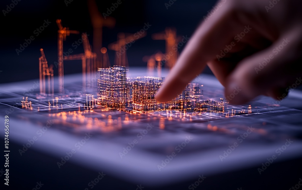 Poster A hand interacts with a digital model of a futuristic cityscape, illuminated by neon lights and construction elements, highlighting urban development and technology.