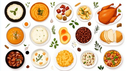 Diverse assortment of delicious dishes displayed on a white background, showcasing traditional meals from various cuisines