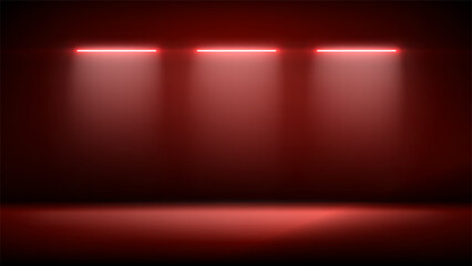 Studio interior, stage with neon, led lighting. Background, backdrop for mounting, product placement. Modern red black interior with light. Design element. Vector background, template, mockup