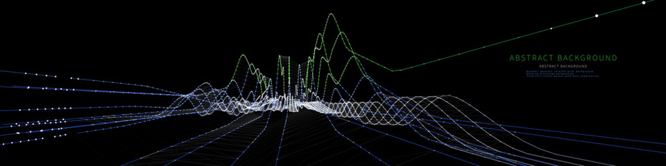 Abstract  background color graph from points in wavy grid data on black. Technology concept virtual points data.  Banner for business, science and technology data analytics. Big Data.