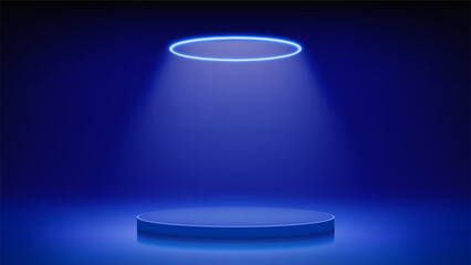 Futuristic blue stage, podium. Blue room with round podium pedestal illuminated by circular neon, led halo. Background for displaying products, presentation. Backdrop. Showcase. Vector illustration