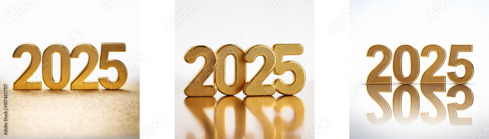 Poster Three different views of golden wooden numbers spelling out 2025, with the reflection of the numbers below.