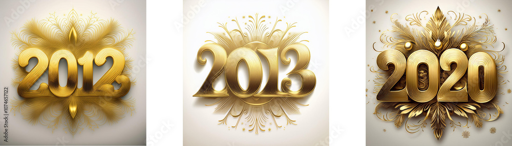 Poster Three gold numbers, 2012, 2013, and 2020, are centered in frames. The numbers have a shiny, 3D effect. The background is white with a design surrounding each number.